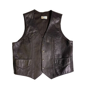 Vintage Genuine Leather Vest Unisex Large Black Made In Mexico Snap Front Biker